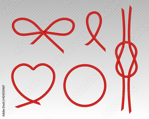 Red silk cords heart, bow, round frame and knot of satin rope, scarlet threads, decorative sewing items Tie border, curve and twisted ribbons isolated on transparent background Realistic 3d vector set