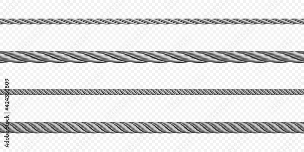 Metal hawser, rope, steel cord of different sizes, silver colored twisted cables or strings. Decorative sewing items or industrial objects isolated on transparent background Realistic 3d vector set
