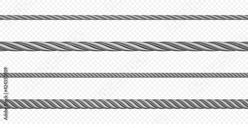 Metal hawser, rope, steel cord of different sizes, silver colored twisted cables or strings. Decorative sewing items or industrial objects isolated on transparent background Realistic 3d vector set photo