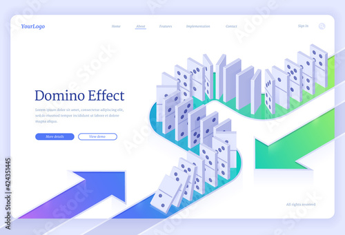 Domino effect isometric landing page with dominoes pieces row falling. Business crisis management, finance intervention, conflict prevention or mistake consequence concept. 3d vector web banner
