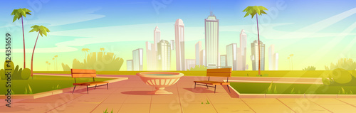 City park with benches and flowerpot, summer scenery cityscape background, empty public place for walking and recreation with green grass, palm trees and lawn. Urban garden Cartoon vector illustration
