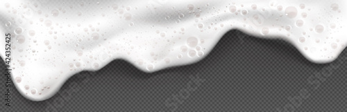White soap foam, suds of detergent, cleaning gel or shampoo. Vector realistic illustration of froth with air bubbles in laundry, foam from beer or fizzy drink isolated on transparent background
