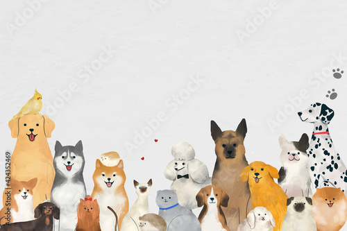 Cute pets background in watercolor drawing with gray color