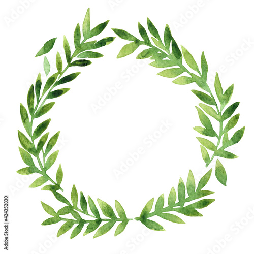 Green leaves wreath watercolor for decoration on natural and organic life style concept. photo