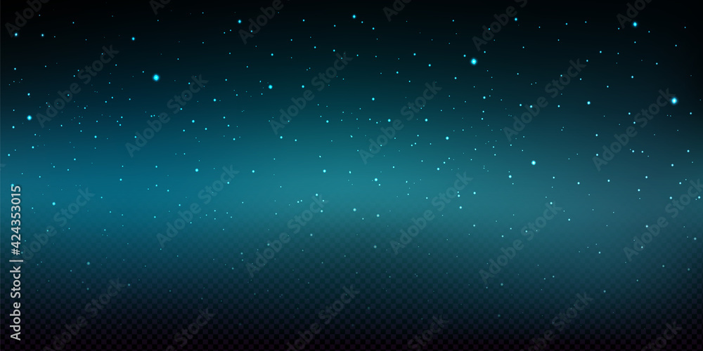 Night sky background with shiny stars. Christmas wallpaper with falling snow texture. Vector realistic illustration of starry space, dark blue sky with snowfall on transparent background