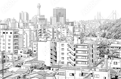 Quadro su tela 漫画風ペン画イラスト　街並