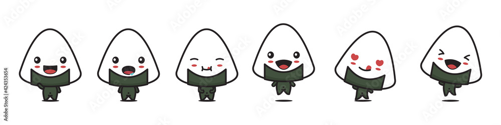 set cute onigiri cartoon mascot