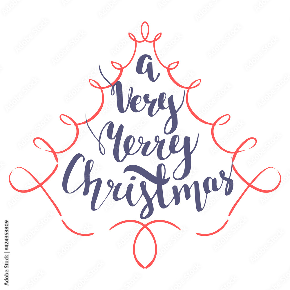 Obraz premium A very merry Christmas quote, handwritten lettering with red ribbon, isolated on white, vector illustration
