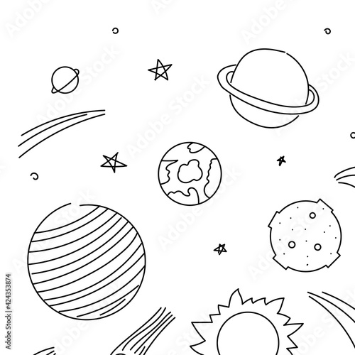 Set of galaxy planet doodles isolated on white background. 