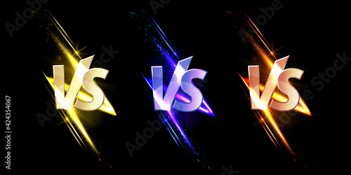 Versus VS signs with glow and sparks, game or sport confrontation symbols on black background with glowing sparkles. Martial arts combat, fight, battle competition challenge, Realistic 3d vector set