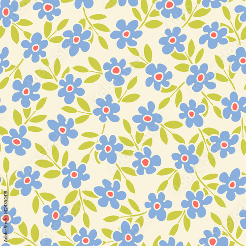 Colorful Small Scale Hand-Drawn Floral Vector Seamless Pattern. Retro 70s Style Nostalgic Fashion Textile Bold Background. Summer Resort Print. Ditsy Daisies. Flower Power