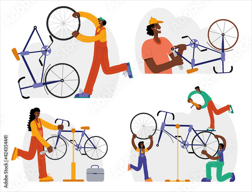 Bicycle repair. The mechanic repairs the bicycle, the mechanic inflates the wheels. Web graphics, banners, advertisements, business templates.