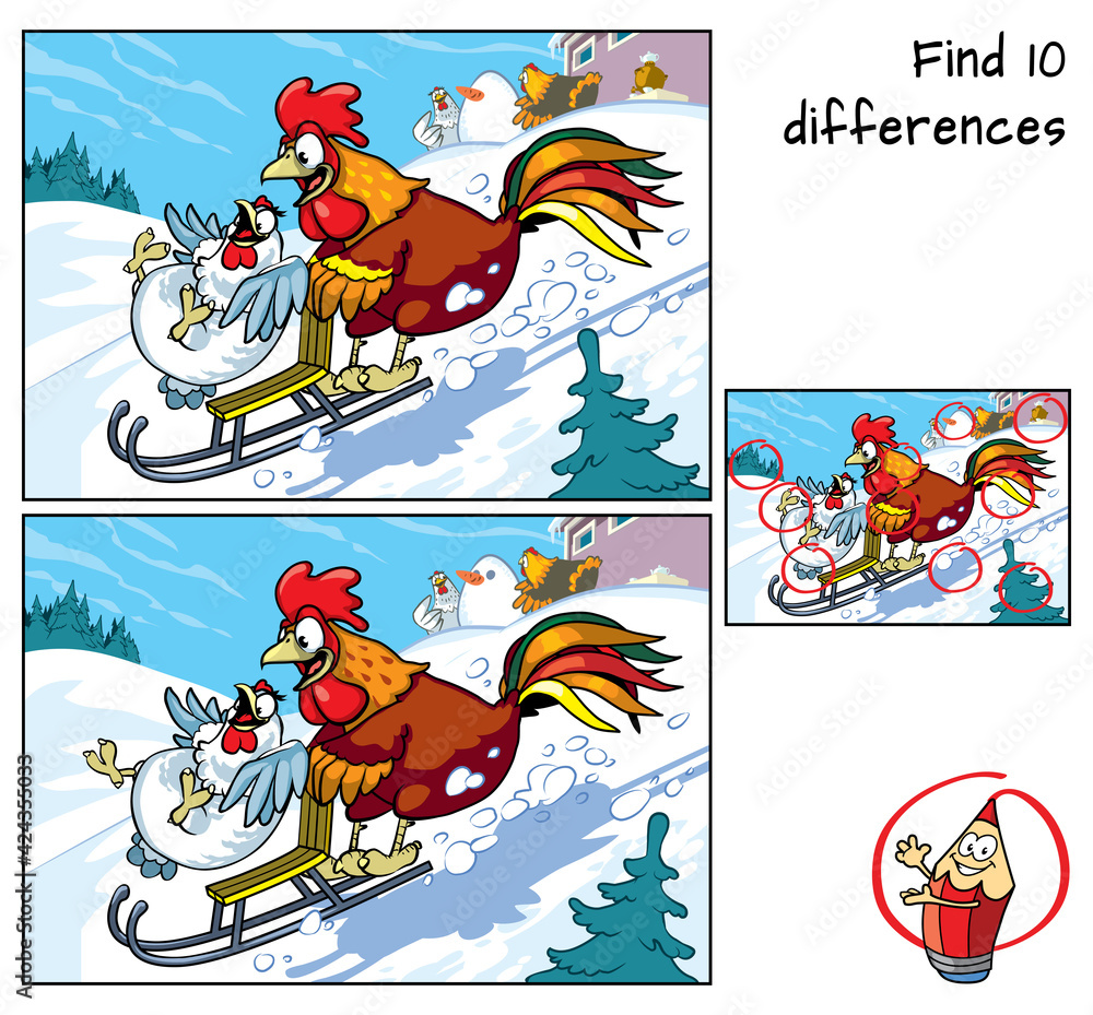 Rooster and hen sledding down a hill. Find 10 differences. Educational game for children. Cartoon vector illustration