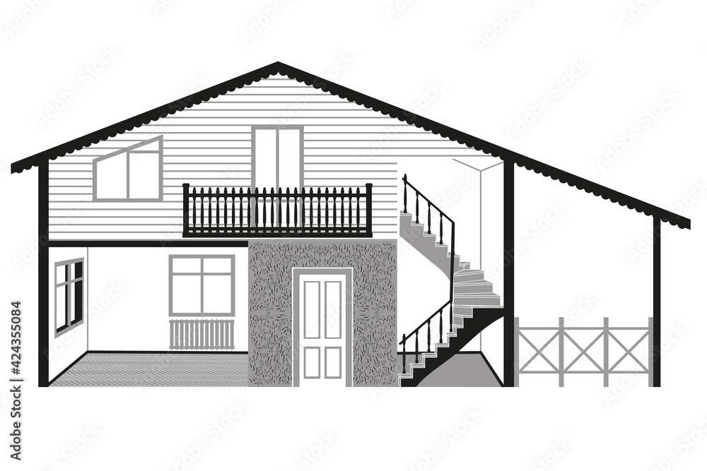 Two-story mansion, with plastered decorative facade of first floor and siding walls with balcony on second floor, from below in section can see room and wood staircase leading up, vector illustration.