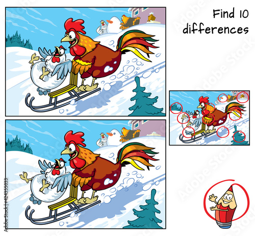 Rooster and hen sledding down a hill. Find 10 differences. Educational game for children. Cartoon vector illustration