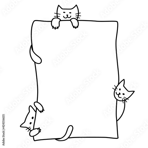 Cute cats paws are holding a blank sheet for your text. Cats with paper, a board for announcements and inscriptions for pet shop, cats food. Doodle black lines isolated on a white background. Vector.