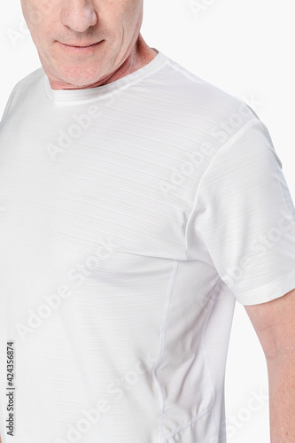 Man wearing white t-shirt apparel close-up