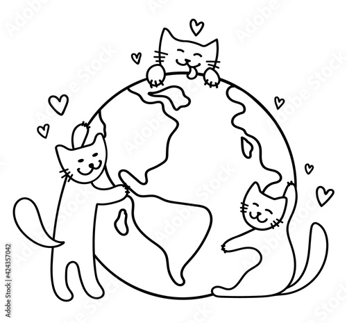Three cute cats hug the globe. Cats love and take care of the Earth. Save the Planet. Happy Earth Day. Cartoon doodle style. Black outlines isolated on a white background. Vector stock illustration.