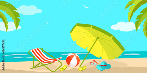 Bright vector illustration of a summer background. Cartoon sea view, beach with ball, deck chair, slippers, hat. Baner of the sea coast