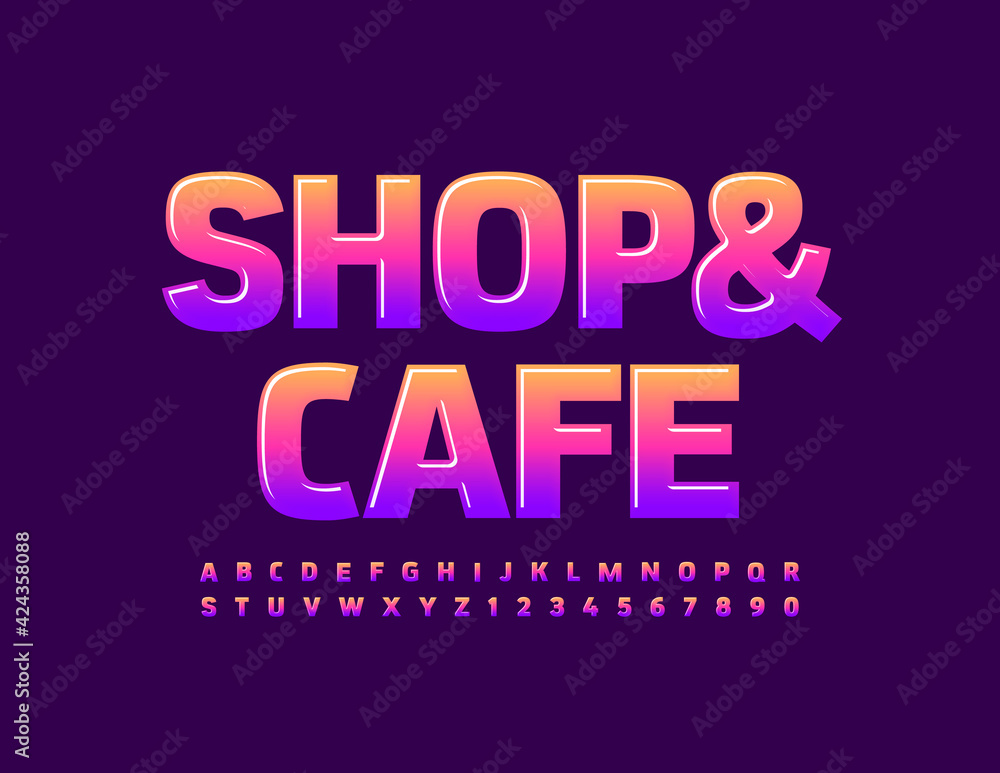 Vector bright emblem Shop and Cafe. Creative glossy Font. Gradient Alphabet Letters and Numbers set