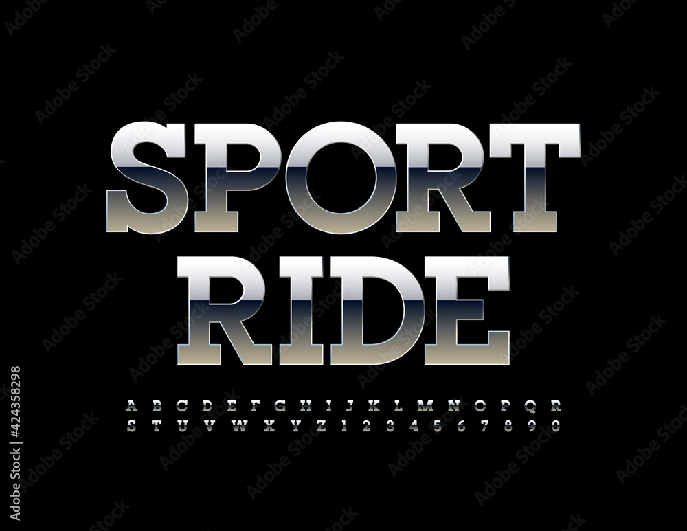 Vector modern sign Sport Ride with Chrome Alphabet Letters and Numbers set. Dark Metallic Font