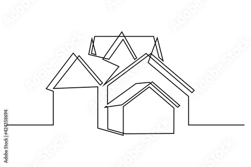 Group of houses in continuous line art drawing style. Abstract settlement, residential buildings black linear sketch isolated on white background. Vector illustration