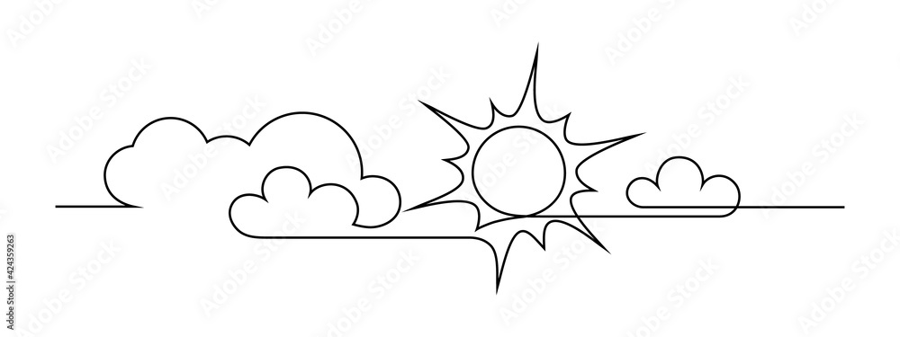 Sun and clouds in the sky. Continuous line art drawing style. Sunny ...