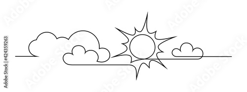 Sun and clouds in the sky. Continuous line art drawing style. Sunny weather minimalist black linear design isolated on white background. Vector illustration