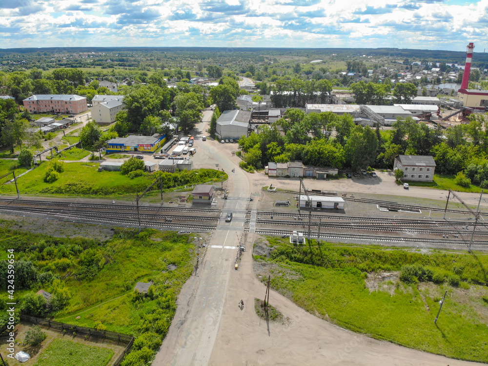 Aerial view of a railway crossing (Strizhi, Kirov region, Russia) Aerial view of a railway crossing (Strizhi, Kirov region, Russia)
