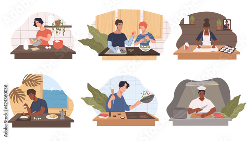 People cooking in kitchen, home or restaurant work