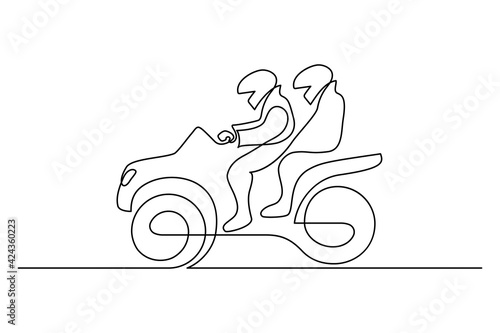 Quad biking in continuous line art drawing style. Driver with a passenger in safety helmets riding tandem ATV. Minimalist black linear sketch isolated on white background. Vector illustration
