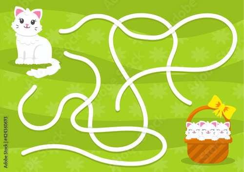 Maze game for kids. Help the cat find kittens. Labyrinth for children. Flat vector illustration isolated on color background. Cartoon character.