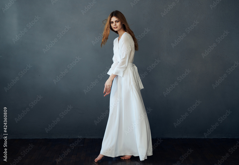 beautiful woman in white dress attractive look luxury charm gray background model beautiful woman in white dress attractive look luxury charm gray background model