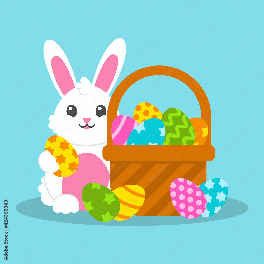Happy Easter. Cheerful rabbit, basket with painted eggs. Colored flat vector illustration isolated on blue background. Cartoon character. Happy Easter. Cheerful rabbit, basket with painted eggs. Colored flat vector illustration isolated on blue background. Cartoon character.