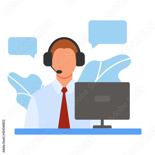 A man in headphones with a microphone at the computer. Office work. Online customer service. Helping clients. Illustration for call center, support, hotline, telemarketing. Vector in flat style.