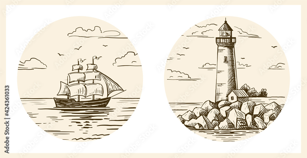 A lighthouse on a rocky shore and a ship on the horizon. Hand drawn sketch. Vintage style. Color vector illustration .