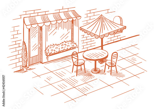 Cozy outdoor cafe in the open air. A table with a chairs. Hand drawn sketch. Vintage style. Color vector illustration.