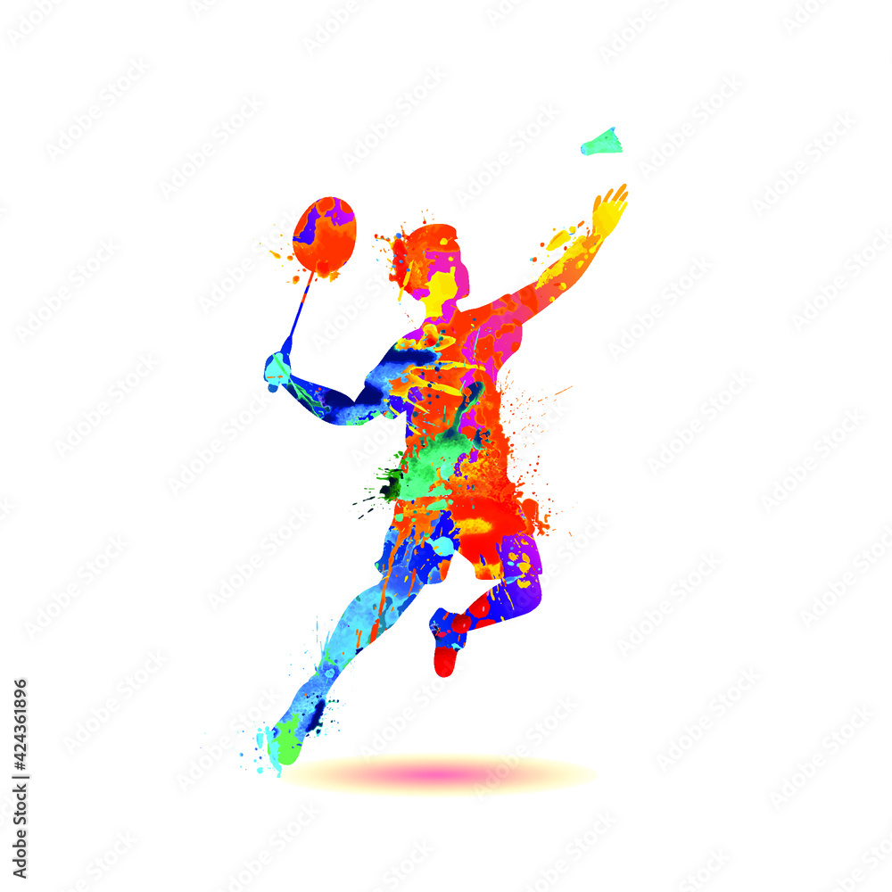  Man playing badminton silhouette vector icon of splash paint