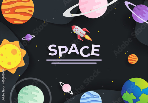 Paper art style of rocket flying in space, start up concept, flat-style vector illustration.