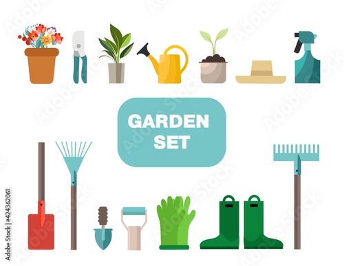 Gardening tools vector set banner in flat style.