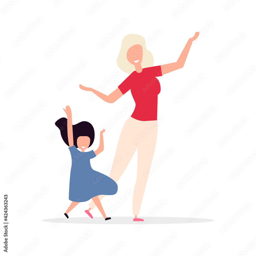 Dancing mother with her daughter. The holiday is celebrated by happy parents and children. Family dances and parties. Vector illustration. Flat style