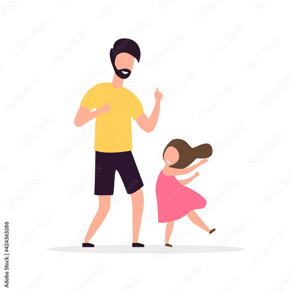 Dancing father with his daughter. The holiday is celebrated by happy parents and children. Family dances and parties. Vector illustration. Flat style Dancing father with his daughter. The holiday is celebrated by happy parents and children. Family dances and parties. Vector illustration. Flat style