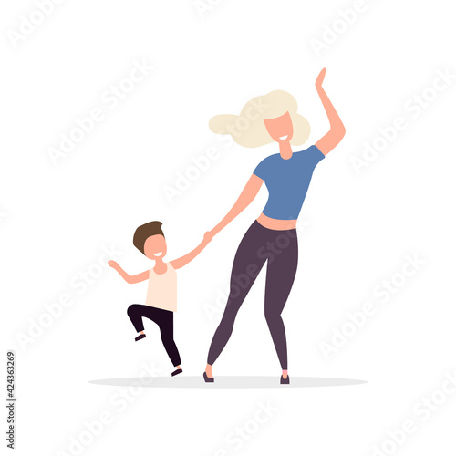 Dancing mother with her son. The holiday is celebrated by happy parents and children. Family dances and parties. Vector illustration. Flat style