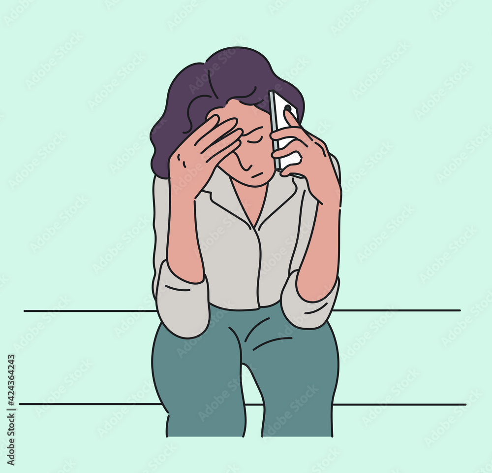 A woman is on the phone with a serious expression. hand drawn style vector design illustrations. A woman is on the phone with a serious expression. hand drawn style vector design illustrations.