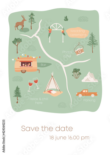 Outdoor wedding invitation template. Green map with decorative arch, camping bar. Holiday, weekend on nature design concept. Abstract shape, white frame. Vector summer illustration with camp elements