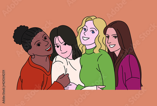 Friends are looking straight ahead with joyful expressions. hand drawn style vector design illustrations. 