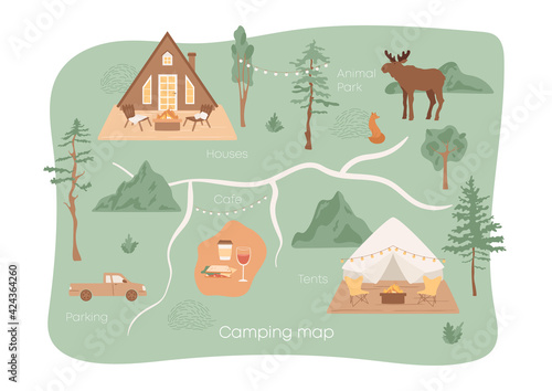  Camping map. Triangle wooden house, tent with terrace, lounge chairs near street fireplace. Camping elements, weekend in forest, nature. Wild animals park, textured hills, trees. Outdoor recreation