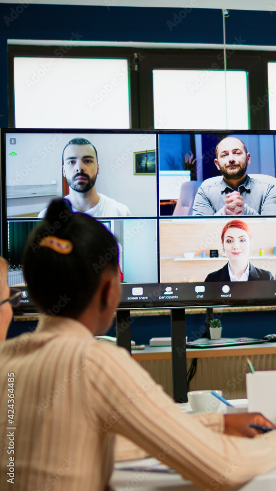 Emplyees workers having webcam group conference with coworkers speaking on  video chat call with diverse colleagues online briefing. Diverse people  talking at virtual meeting, online discussion. Photos | Adobe Stock