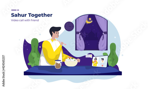 A man eating early or Sahur Ramadan with video call illustration concept