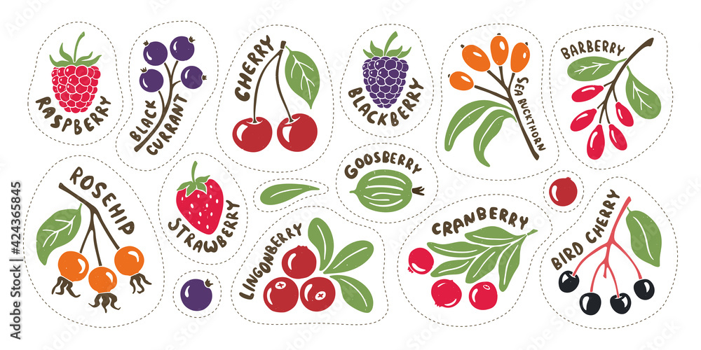 Bright and juicy berry set. Colorful stickers with hand drawn lettering isolated on transparent background Bright and juicy berry set. Colorful stickers with hand drawn lettering isolated on transparent background